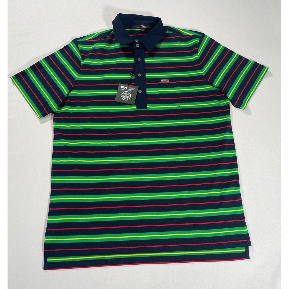 RLX Ralph Lauren Mesh Stretch Poly Blend Polo Shirt Top Multi Stripe L NWT
